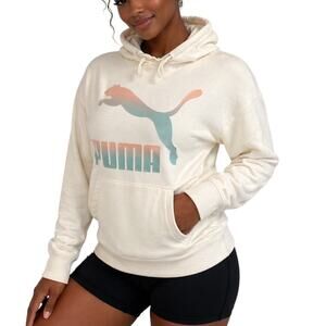 Puma Womens Hoodie Sweatshirt Small Cream Pullover Logo Graphic Pocket Casual